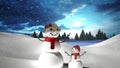 Snow falling over snowwoman and snow kid on winter landscape against clouds in the sky
