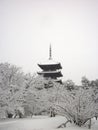 Snow falling on pagoda of Ninnaji temple, Kyoto Japan.