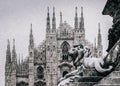 Snow falling at Piazza del Duomo in Milan, Lombardy, Italy with Milan`s landmark Cathedral in background Royalty Free Stock Photo