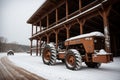 Snow falling on a rusty tractor