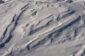 Snow fields covered with intricate patterns from the wind, a copy space, close-up.