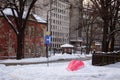 Snow figure created as a heart symbol to mark Valentine`s day