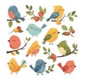 Snow finches in doodle style, cartoon set. Birds from different colors with elements of tree branches of leaves and Royalty Free Stock Photo