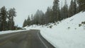 Snow and fog in wintry forest, driving auto, road trip in winter Utah USA. Coniferous pine trees, mystery view thru car Royalty Free Stock Photo