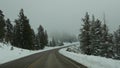 Snow and fog in wintry forest, driving auto, road trip in winter Utah USA. Coniferous pine trees, mystery view thru car Royalty Free Stock Photo