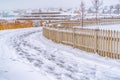 Snow with foorprints in front of a wooden fence