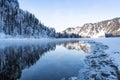 Snow forest on Bank of winter river. Reflection of frost trees