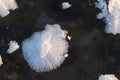 Snow freakish outgrowths on ice of the frozen river, natural b