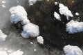 Snow freakish outgrowths on ice of the frozen river, natural b