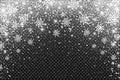 Snow frost Effect on Transparent Background . Abstract bright white shimmer lights and snowflakes. Glowing blizzard. Scatter falli