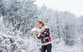 Snow games. Building snowman. Frozen landscape. Snow makes everything outdoors look amazing. Woman warm clothes snowy