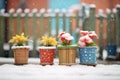 snow gathering on flower pots Royalty Free Stock Photo
