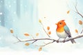 snow gently falling on a watchful robin on a twig Royalty Free Stock Photo