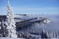 Snow ghost overlooking cloud-blanketed valley and Peaks Peeking above it at Whitefish Resort