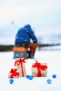 On the snow gift box ball landscape Royalty Free Stock Photo
