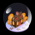 Snow glass ball in isometric view. Gingerbread house with gingerbread stars and large candies under glass. Christmas present for Royalty Free Stock Photo