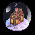 Snow glass ball in isometric view. Gingerbread house with stars under the glass. Christmas present for children. Snowstorm and Royalty Free Stock Photo