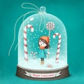 Snow globe with candy and girl Royalty Free Stock Photo