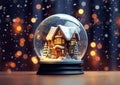 Snow globe christmas decoration with miniature house inside on bokeh background.Macro.AI Generative Royalty Free Stock Photo