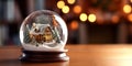 Snow globe christmas decoration with miniature house inside on bokeh background.Macro.AI Generative Royalty Free Stock Photo