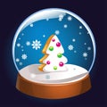 Snow globe with Christmas fir tree inside isolated on dark background. Christmas magic ball. Snowglobe illustration. Winter Royalty Free Stock Photo