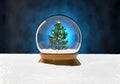 Snow Globe Christmas Magic Ball with Xmas Tree on Blue Background - 3D Illustration Royalty Free Stock Photo