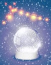 Snow globe Christmas magic ball with yellow lights background. Xmas snowglobe greeting card vector illustration. Winter in glass Royalty Free Stock Photo