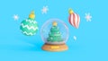 Snow globe with christmas tree on blue background. 3d illustration Royalty Free Stock Photo