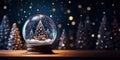 Snow globe with christmas tree and bokeh lights on background. Generative AI Royalty Free Stock Photo