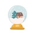 Snow globe with Christmas tree and house inside, vector flat illustration on white background Royalty Free Stock Photo