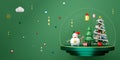 Snow globe and Christmas tree with snowman in green composition for website or poster or Happiness cards,Christmas banner and Royalty Free Stock Photo