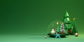 Snow globe and Christmas tree with snowman in green composition for website or poster or Happiness cards,Christmas banner and Royalty Free Stock Photo