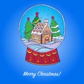 Snow globe with christmas trees and gingerbread house inside Royalty Free Stock Photo