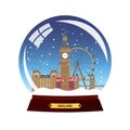 Snow globe city. London in Snow Globe. Winter travel illustration.