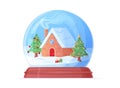 Snow globe with cozy home and christmas tree cartoon illustration