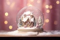 Snow globe with a cozy winter house, surrounded by snowy pines, under a sparkling pinkish glow. Royalty Free Stock Photo