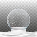 Snow Globe with snow falling, Vector illustration. Empty Crystal 3d Sphere. Transparent magic glass ball for Merry Christmas or Royalty Free Stock Photo