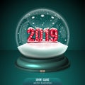 2019 Snow globe on green background. Merry Christmas and Happy N