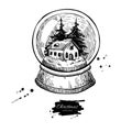 Snow globe with house and fir tree inside. Christmas vector hand Royalty Free Stock Photo