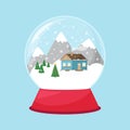 A snow globe with a house, snowdrifts and mountains inside. Cute toy, a symbol of winter, new year and Christmas. Illustration in Royalty Free Stock Photo