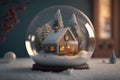 Snow globe with a house in a snowy forest, 3d render Royalty Free Stock Photo