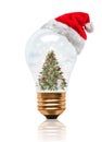 Snow Globe Light Bulb Christmas Tree With Santa Hat Royalty Free Stock Photo