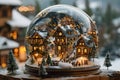 Snow globe with a miniature winter village, a festive holiday decoration. Royalty Free Stock Photo