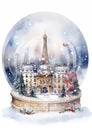 Snow globe parisian cityscape watercolor illustration