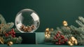 A snow globe with pine cones sits on a green surface surrounded by fir branches Royalty Free Stock Photo
