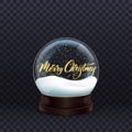 Snow globe. Realistic snow globe with gold Merry Christmas calligraphy. Crystal ball with snow Royalty Free Stock Photo