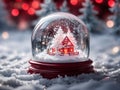 snow globe with red house christmas scene winter landscape and festive lights blur Royalty Free Stock Photo