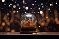 a snow globe revealing a festive cityscape with fairy lights