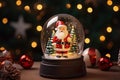 Snow globe with Santa Claus on bokeh background. Generative AI. Royalty Free Stock Photo