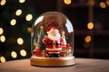 Snow globe with Santa Claus on bokeh background. Generative AI. Royalty Free Stock Photo